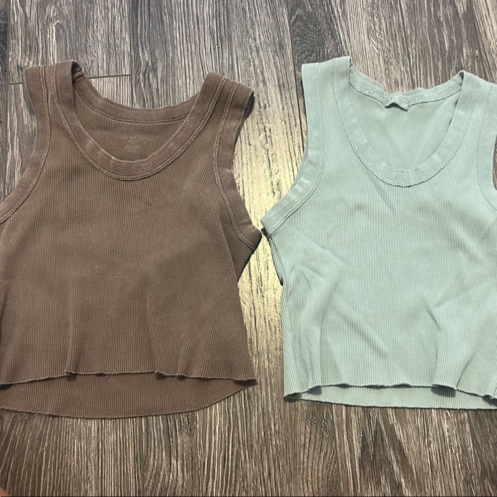Brandy Melville Brown and Green Ribbed Tank Tops